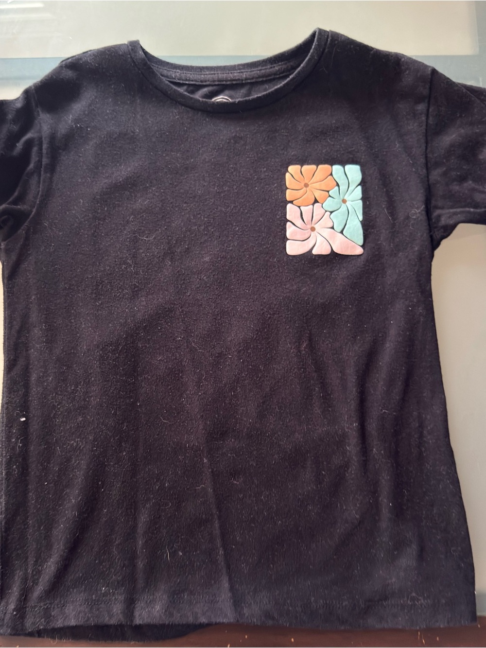 wonder nation Black Tee with Pastel Floral Pocket Design